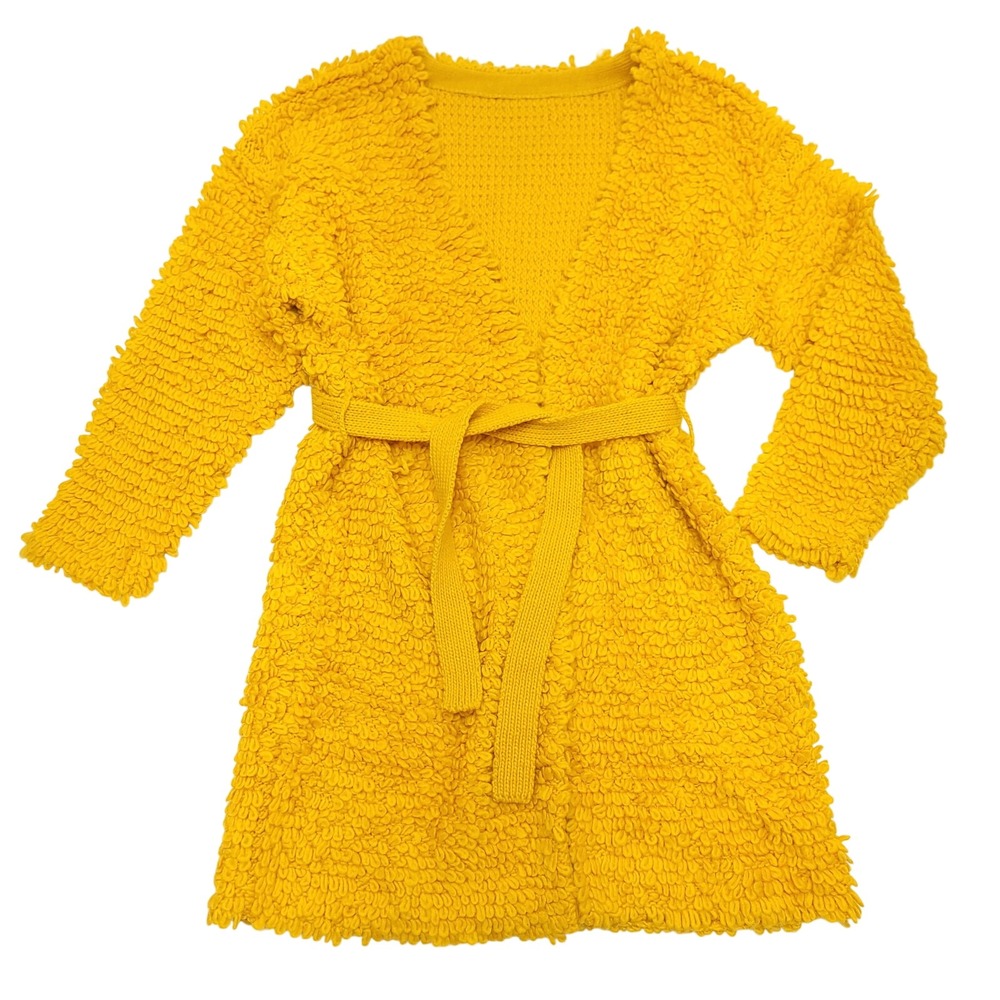 Womens Mustard Yellow Shag Knit Belted Cardigan Open Front Looped Sweater